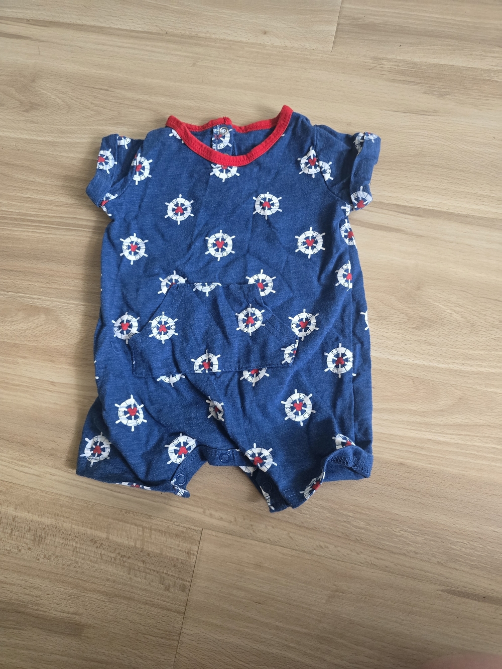 Disney Infant Navy Romper with Red Trim and White Ship Wheel Motif